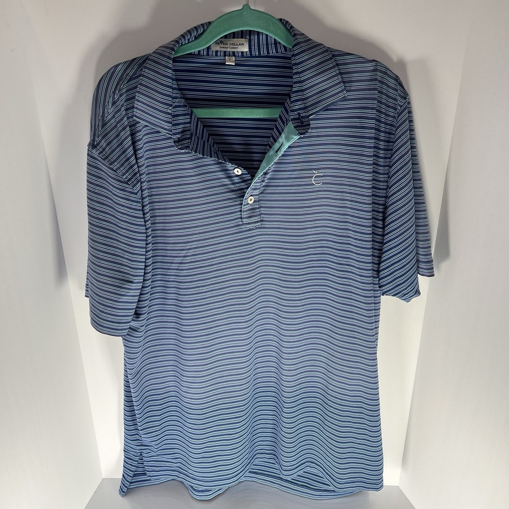 Peter Millar Summer Comfort Blue Teal Striped Polo Shirt Men's Large Golf